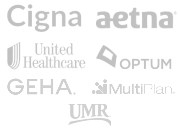 Insurance logos for Cigna, Aetna, United Healthcare, Optum, GEHA, MultiPlan, and UMR
